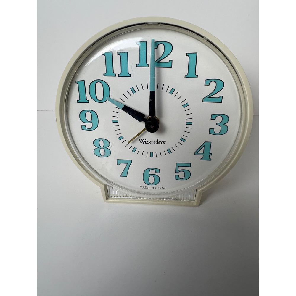 Vintage Westclox Wind Up Alarm Clock Cream Teal Mid Century Modern Made in USA